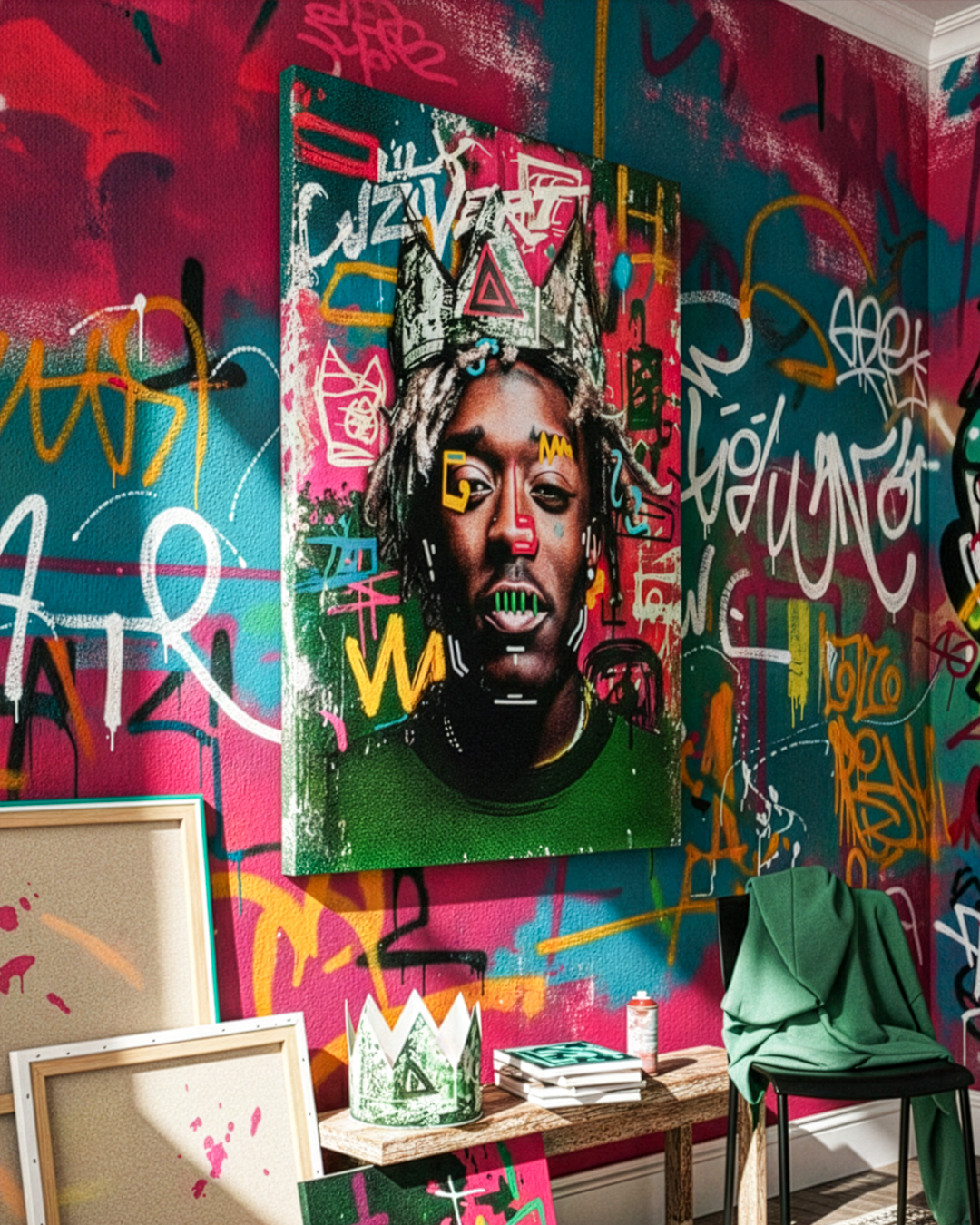 Quadro Lil Uzi Vert nello stile Basquiat arte contemporanea ambientazione stanza moderna