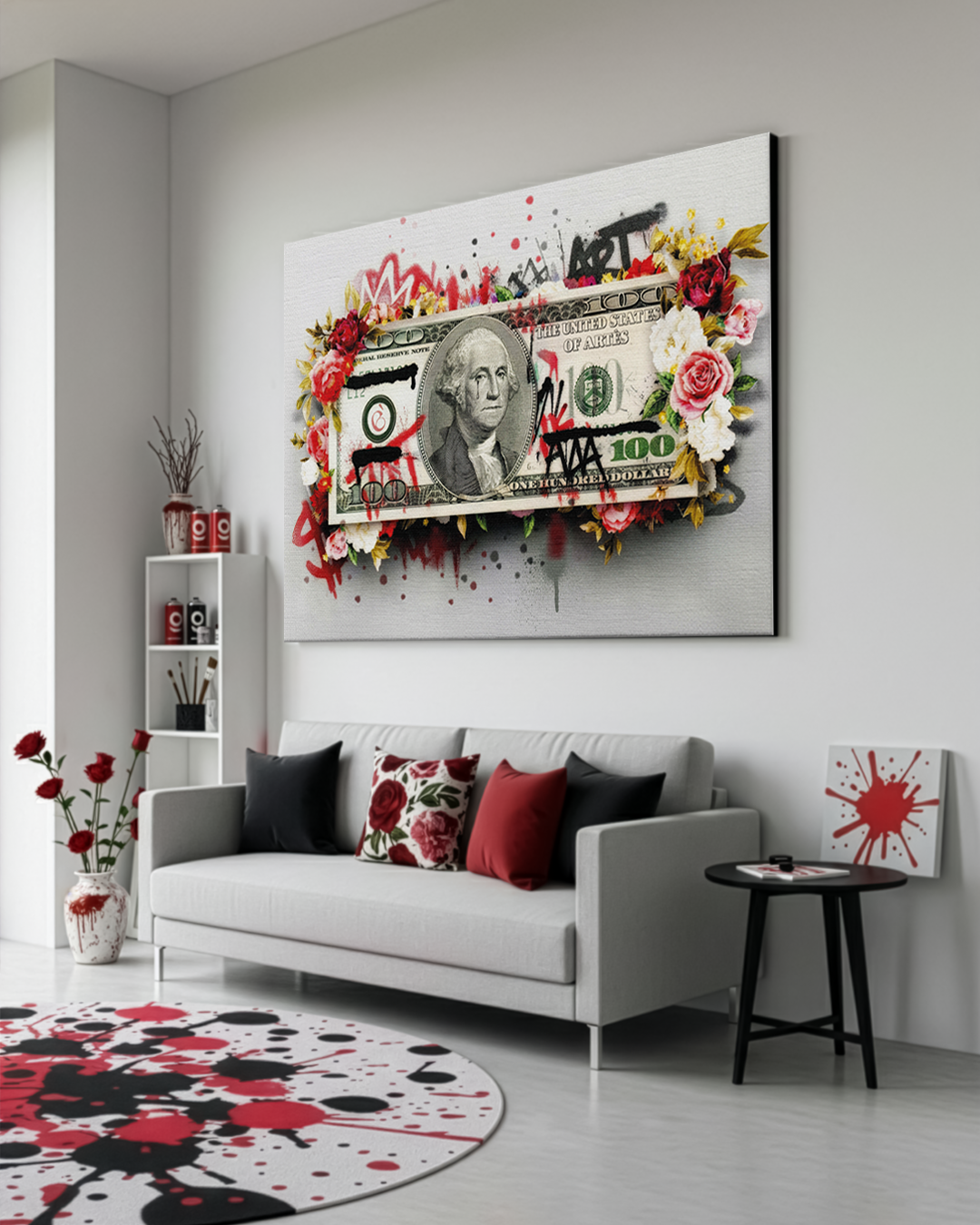 Quadro Money Flowers con fiori e banconote su tela premium in soggiorno moderno