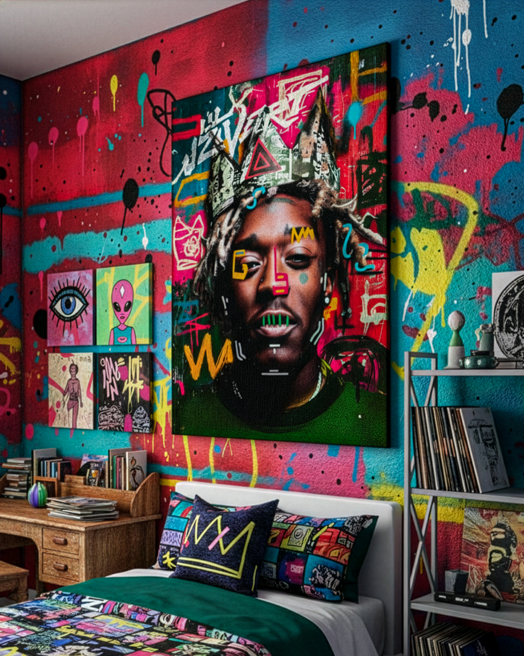 Quadro su tela Lil Uzi Vert stile grafico alla Basquiat decorazione parete vista camera giovanile vista angolare