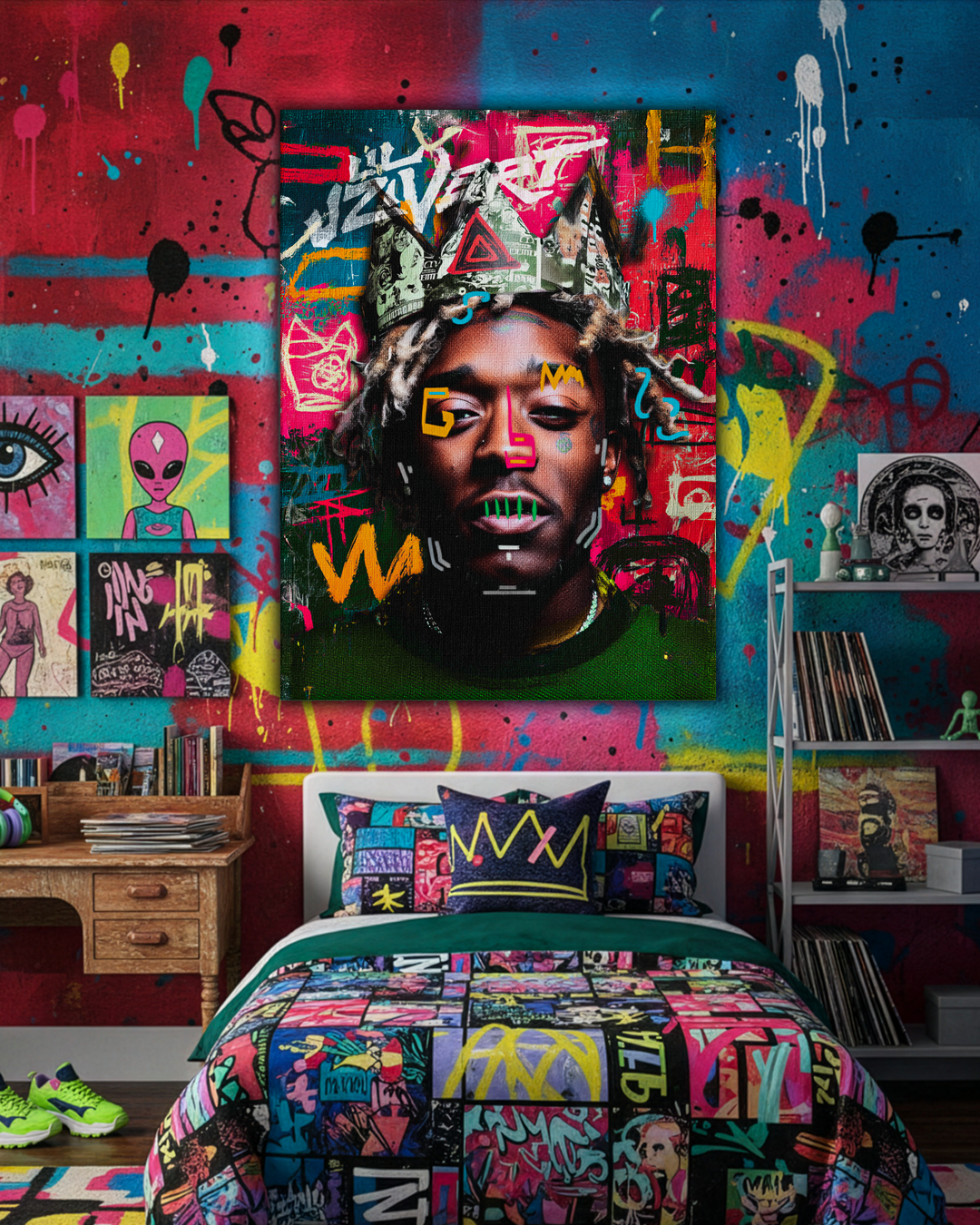 Quadro Lil Uzi Vert Basquiat arte contemporanea ambientazione camera moderna da ragazzo 