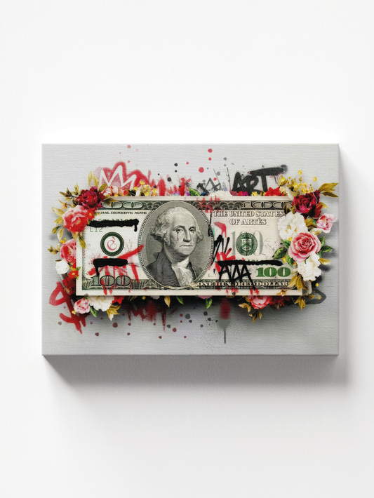 Quadro Money Flowers con fiori colorati e banconote, stampa su tela premium, stile Hip Hop 