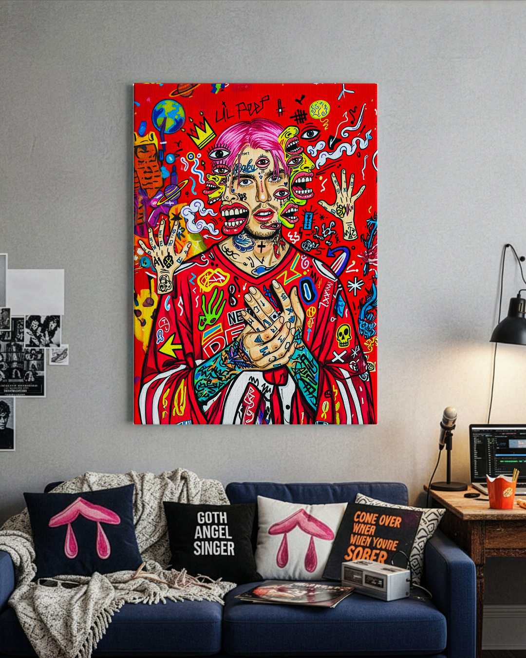 Quadro Lil Peep Basquiat arte contemporanea ambientazione salotto moderno