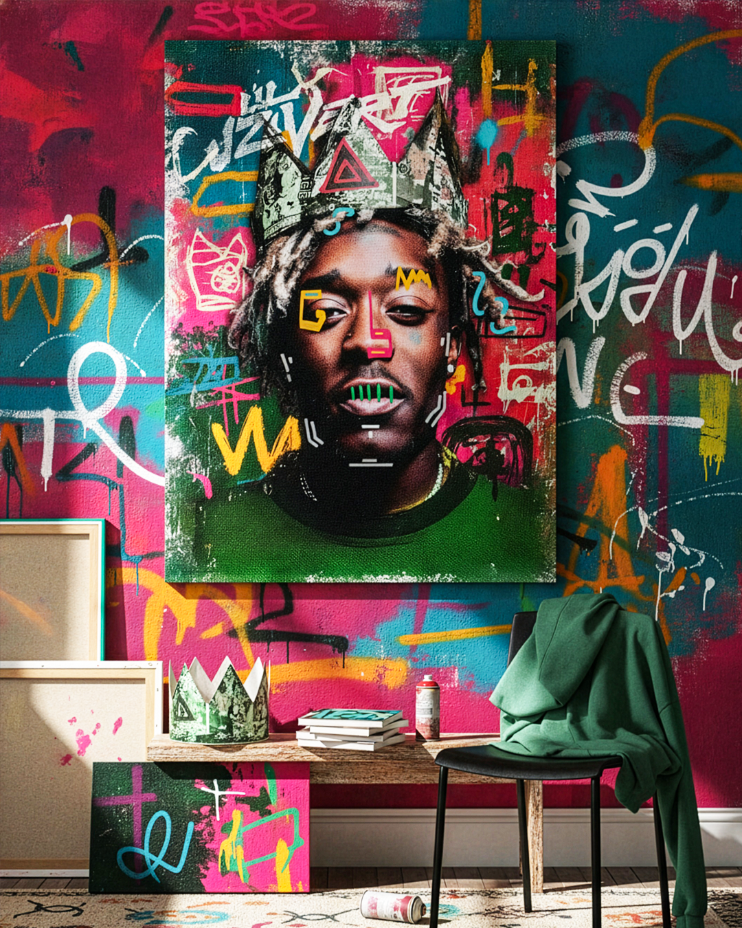 Quadro Lil Uzi Vert Basquiat in soggiorno moderno con palette colori coordinati