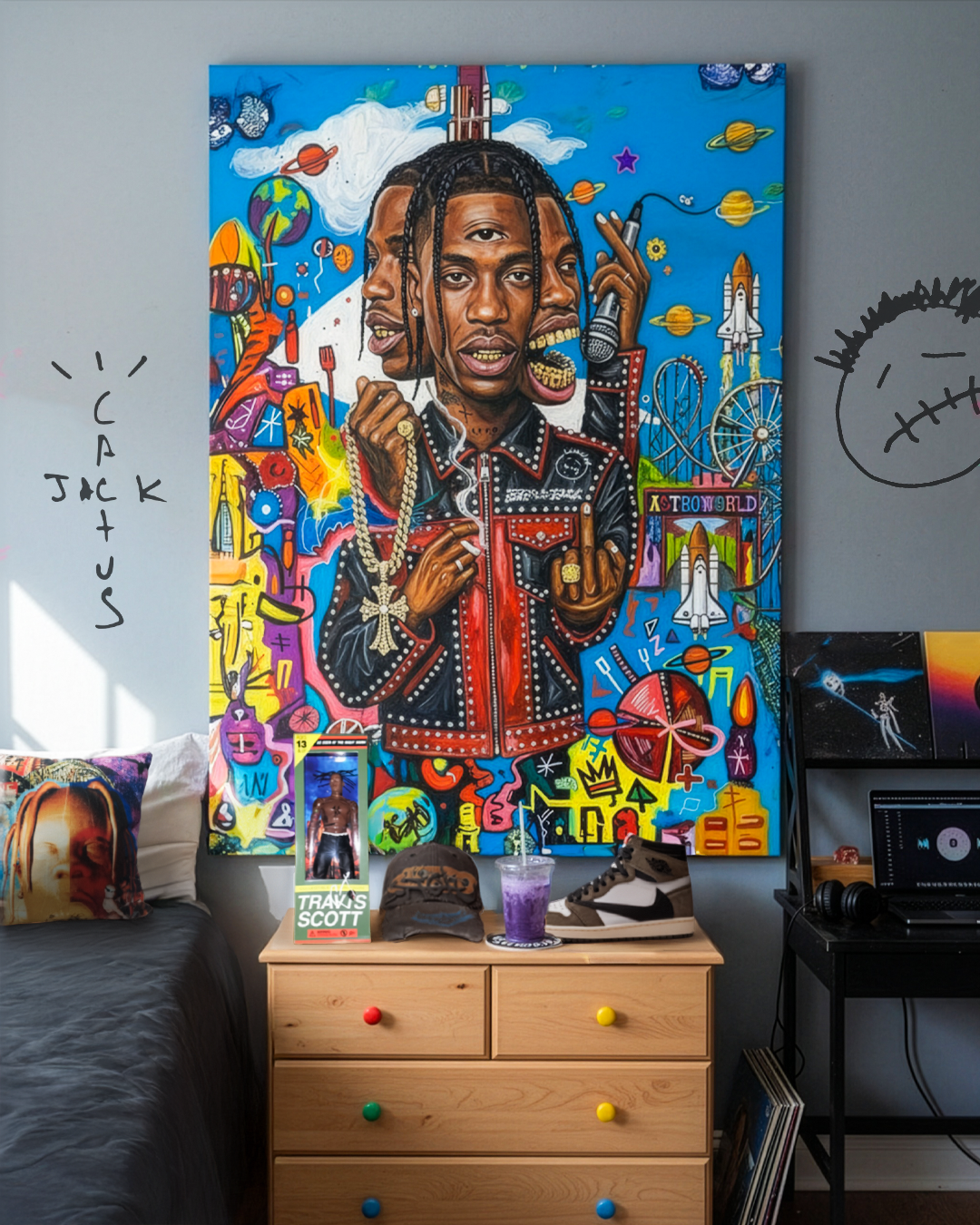 Quadro Travis Scott in stile Basquiat in camera da letto con palette colori coordinati