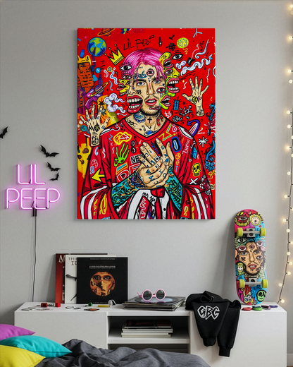 Quadro su Tela Lil Peep Basquiat in living room moderna con palette colori coordinati