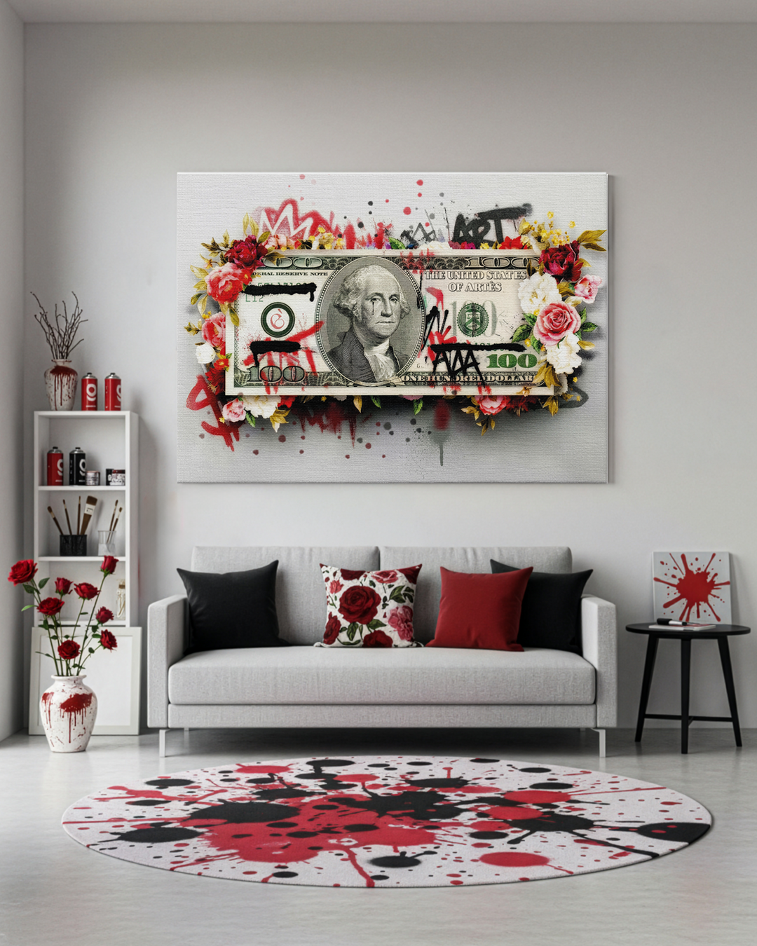 Quadro Money Flowers con fiori e banconote su tela premium in soggiorno moderno