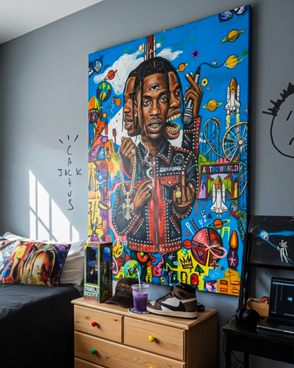 Quadro su tela di Travis Scott disegno alla Basquiat decorazione parete camera ragazzo vista laterale