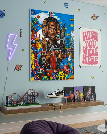Quadro su tela Travis Scott Basquiat decorazione parete camera vista angolare