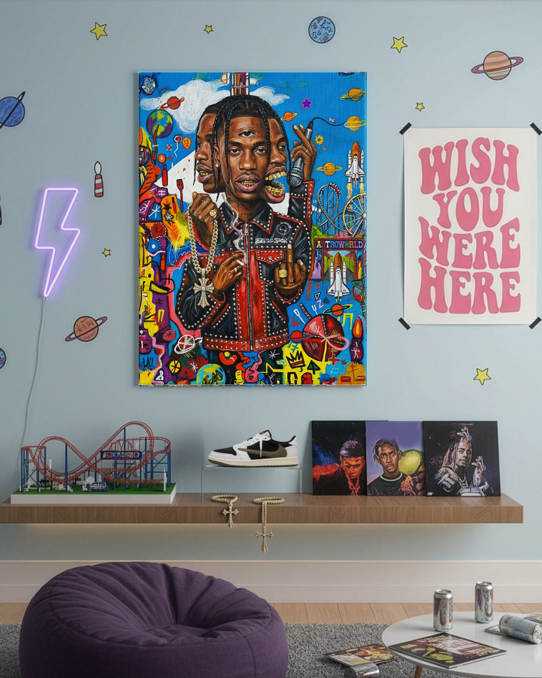 Quadro Travis Scott stile Basquiat arte contemporanea ambientazione salotto giovanile